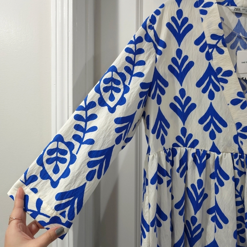 ZARA Cobalt Blue Botanical Print Long Sleeve V-Neck Tiered Babydoll Mini Dress - Picture 8 of 15